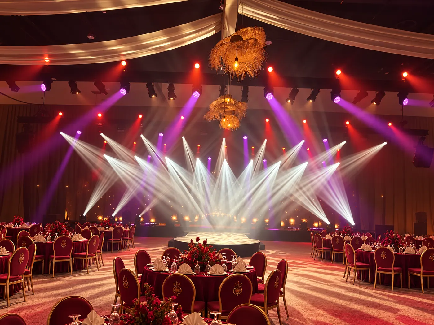 White, purple and red lighting beams across a ballroom with banquet seating and a central platform.
